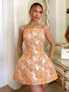 Glamine 3D Floral Metallic Hollow Back Spaghetti Strap Mini Dress